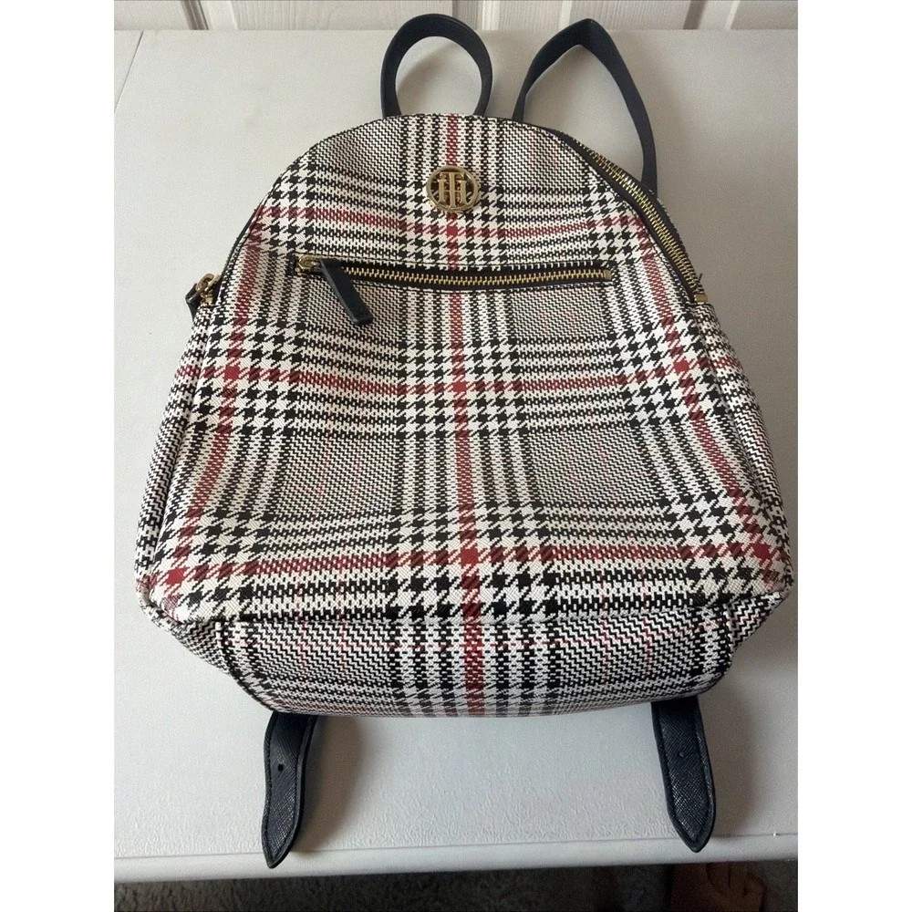 Tommy Hilfiger Women's Black And Red Plaid  Backpack Monogram Printed Logo